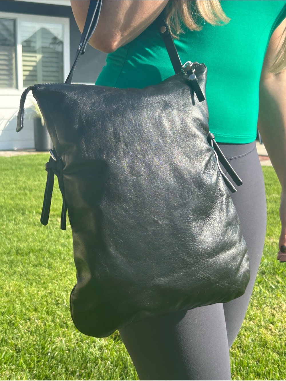 VTG RARE Fiorucci Italy Black Lambskin Leather Hobo Shoulder Bag Convertible Zip